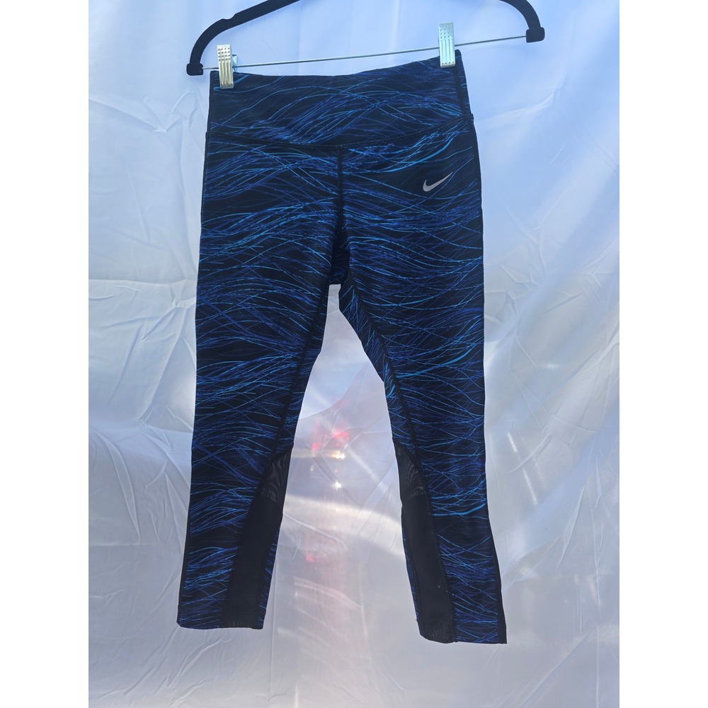 Nike Dri-FIT Running Leggings Blue Black Abstract Print Mesh Crop Tights XS